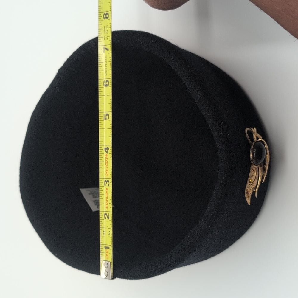 Parkhurst| Black Wool Hat Classic Silhouette With Gold Toned Stoned Leaf Brooch - Picture 9 of 10